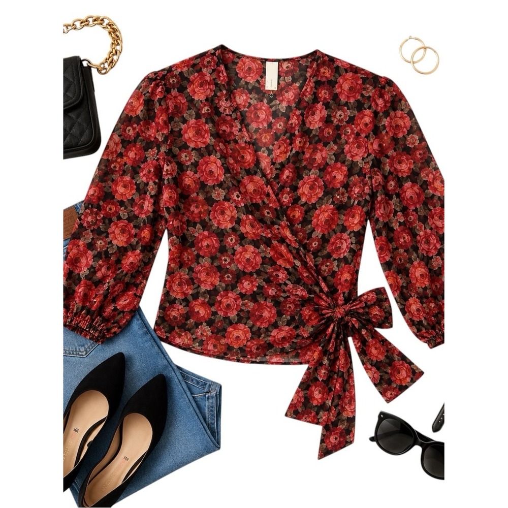 MNG Mango Committed Floral Wrap Blouse Black Red Rose Print NWT Size 8 Top